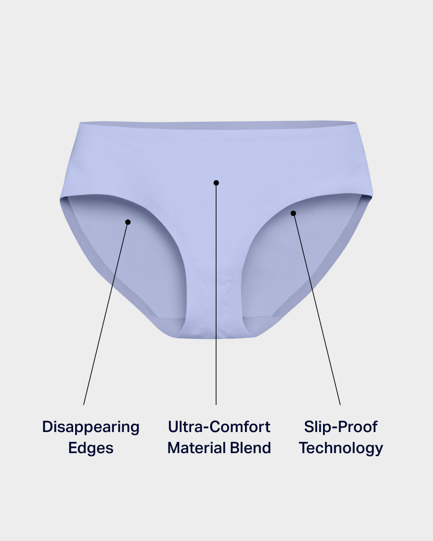 Periwinkle seamless brief labeled with disappearing edges, ultra-comfort material blend, and slip-proof technology.