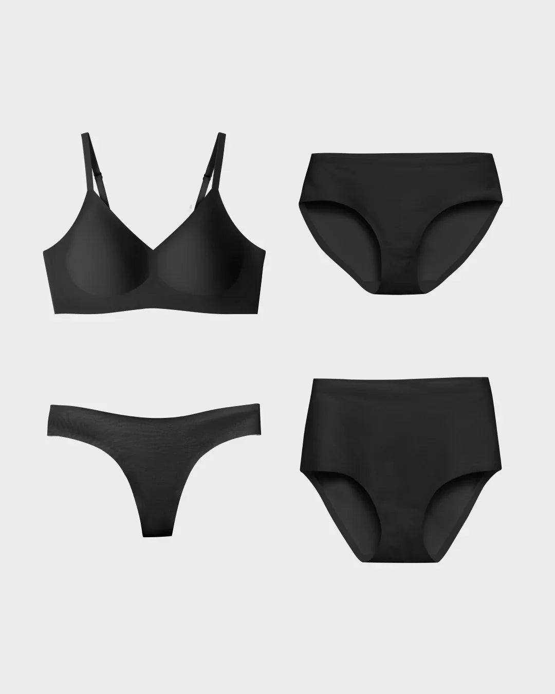 No wire bralette and seamless cheeky panties set in black with thong and high rise options on a white background.