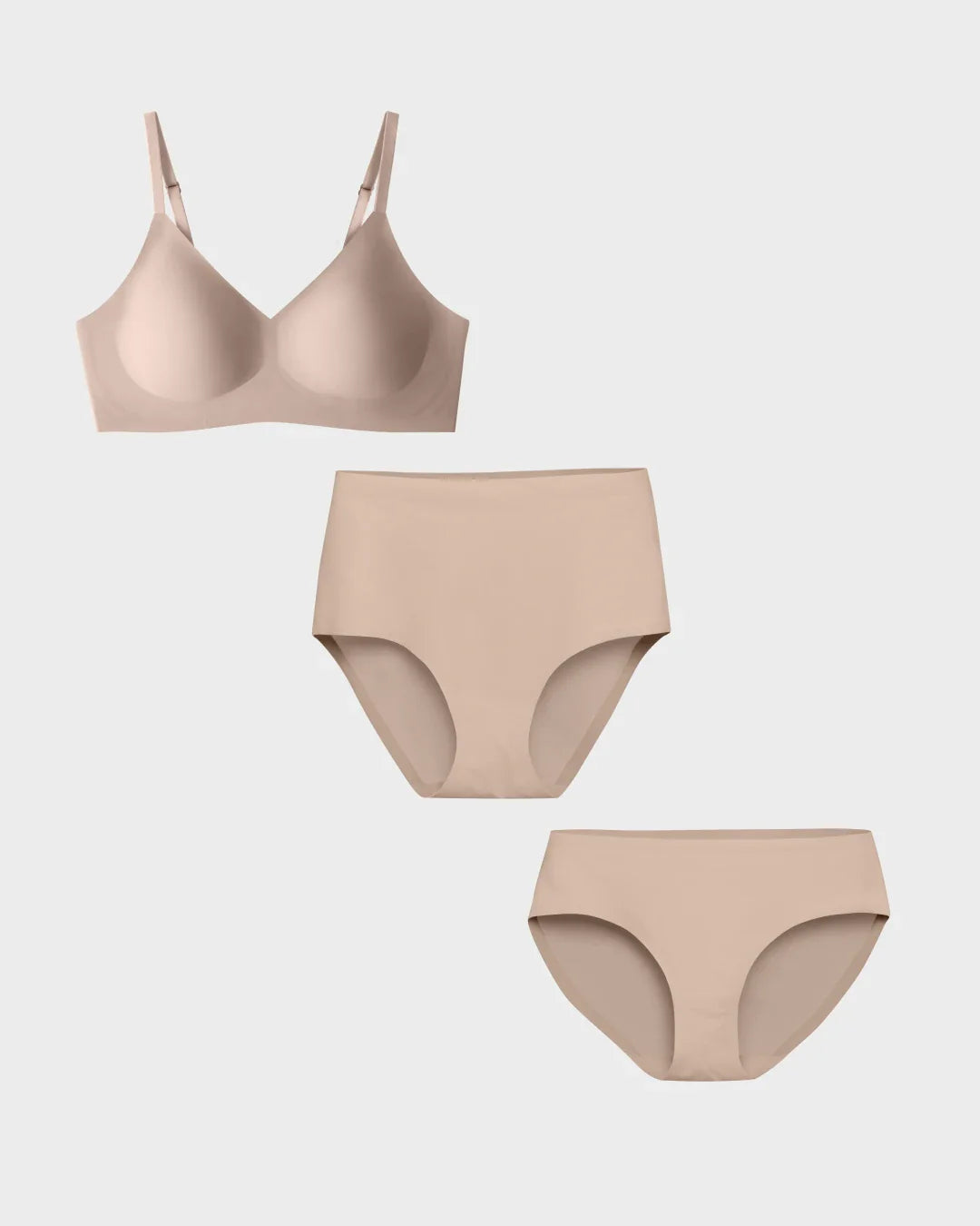 Nude seamless bralette top with high-waisted and bikini panties.