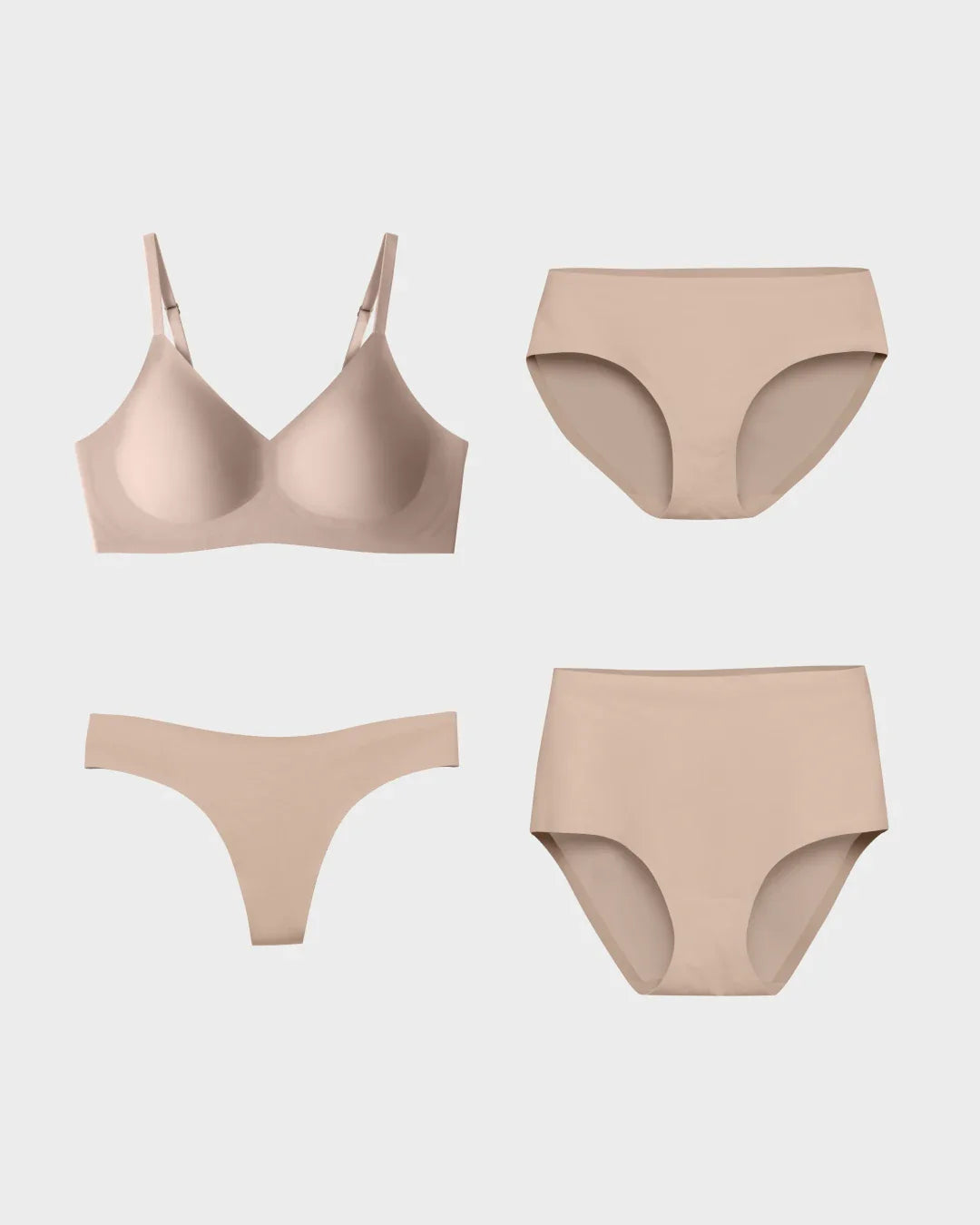 Nude seamless wireless bralette with matching bikini, thong, and high-waisted panties.